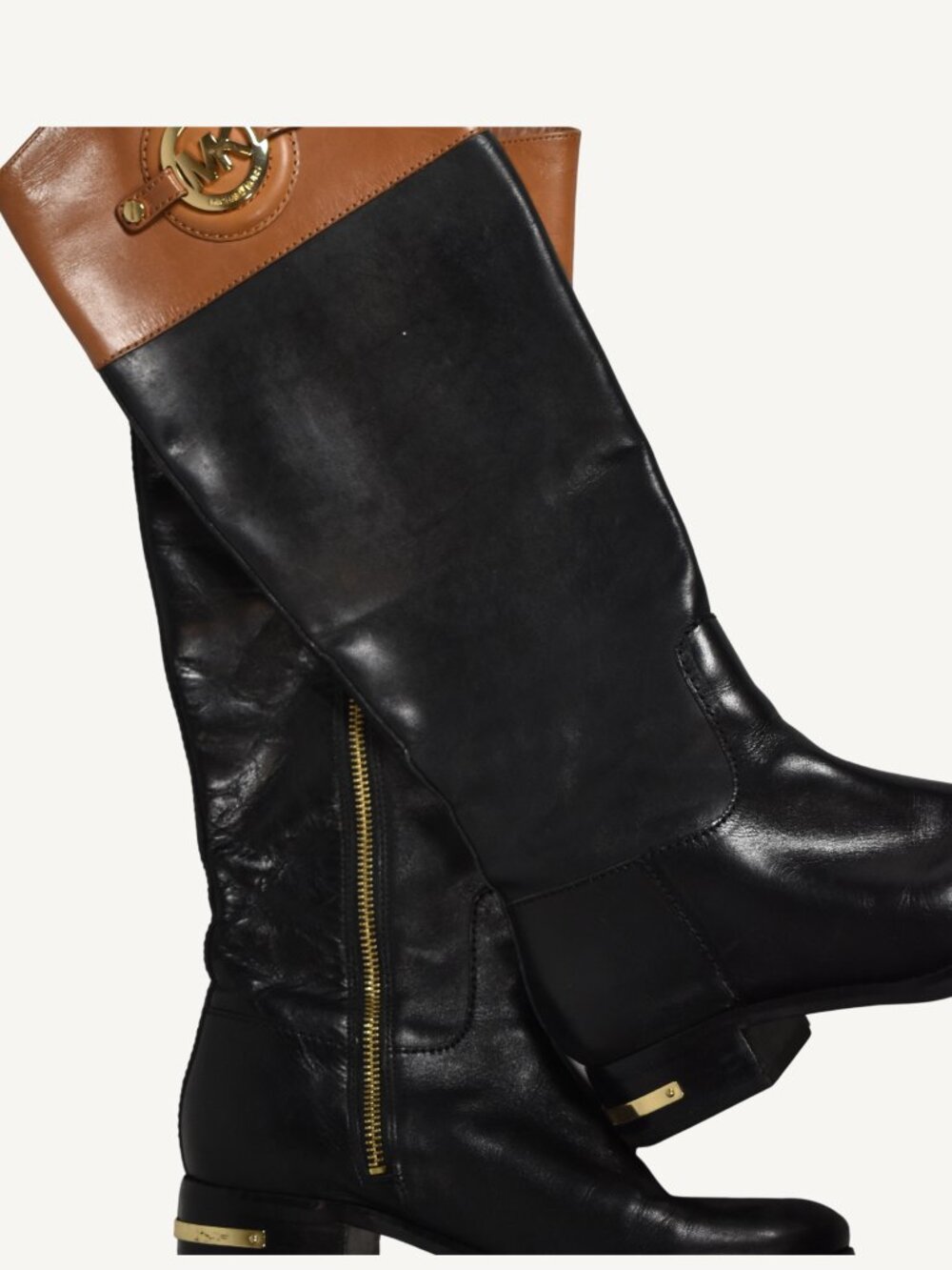 Michael Kors Black Leather Riding Boots Gold Logo Detail Womens 6